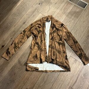 NWT LIZ LANGE open front waterfall brown camo cardigan l, size medium